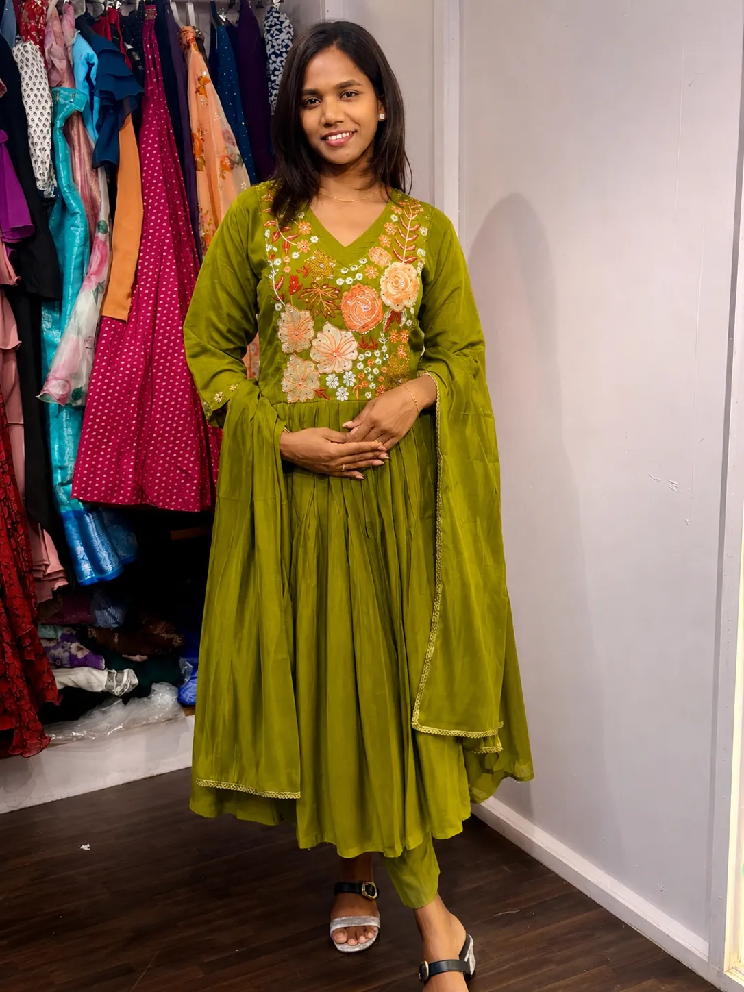 Olive green Mulchanderi 3 piece set