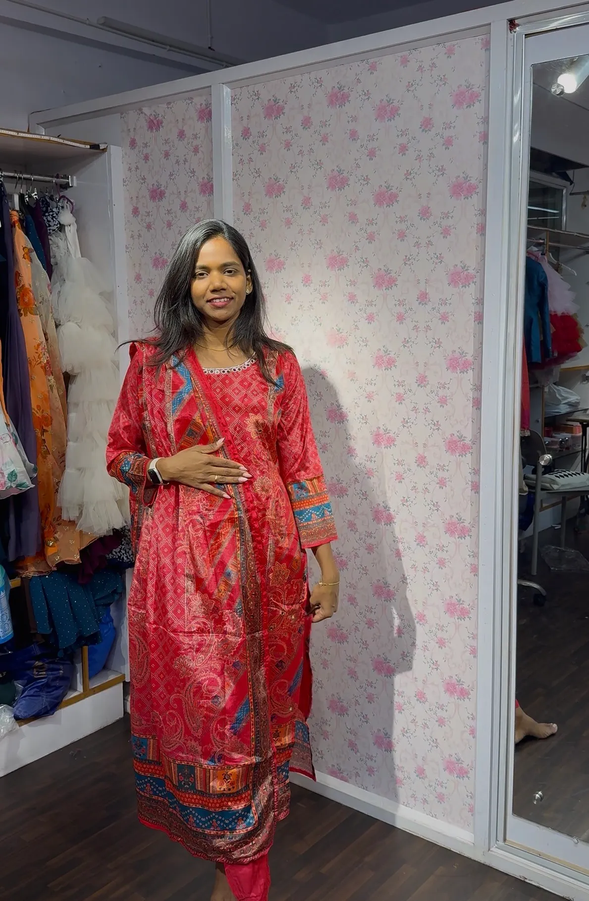 Red Mirror work crepe silk 3 piece set