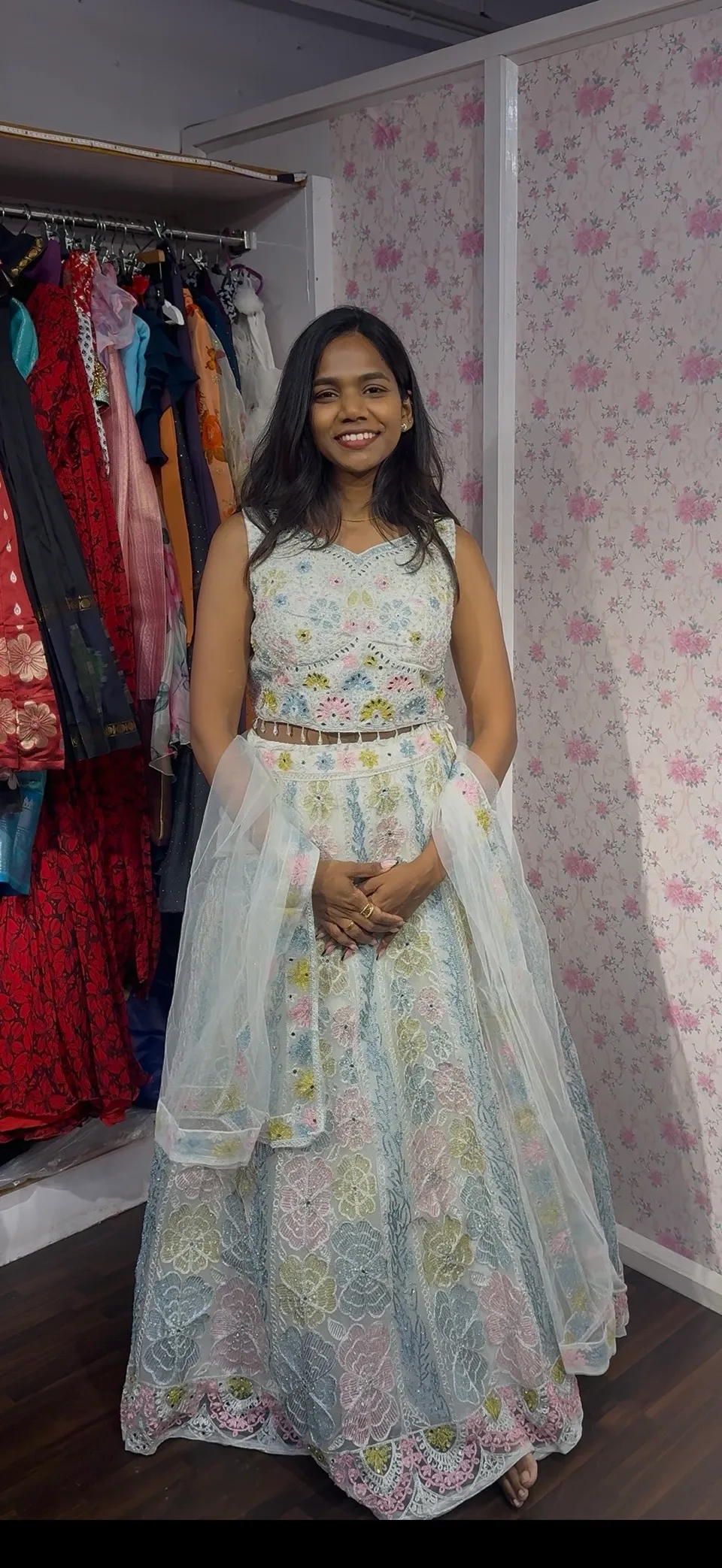 White Multicolour Mirror work Lehengas