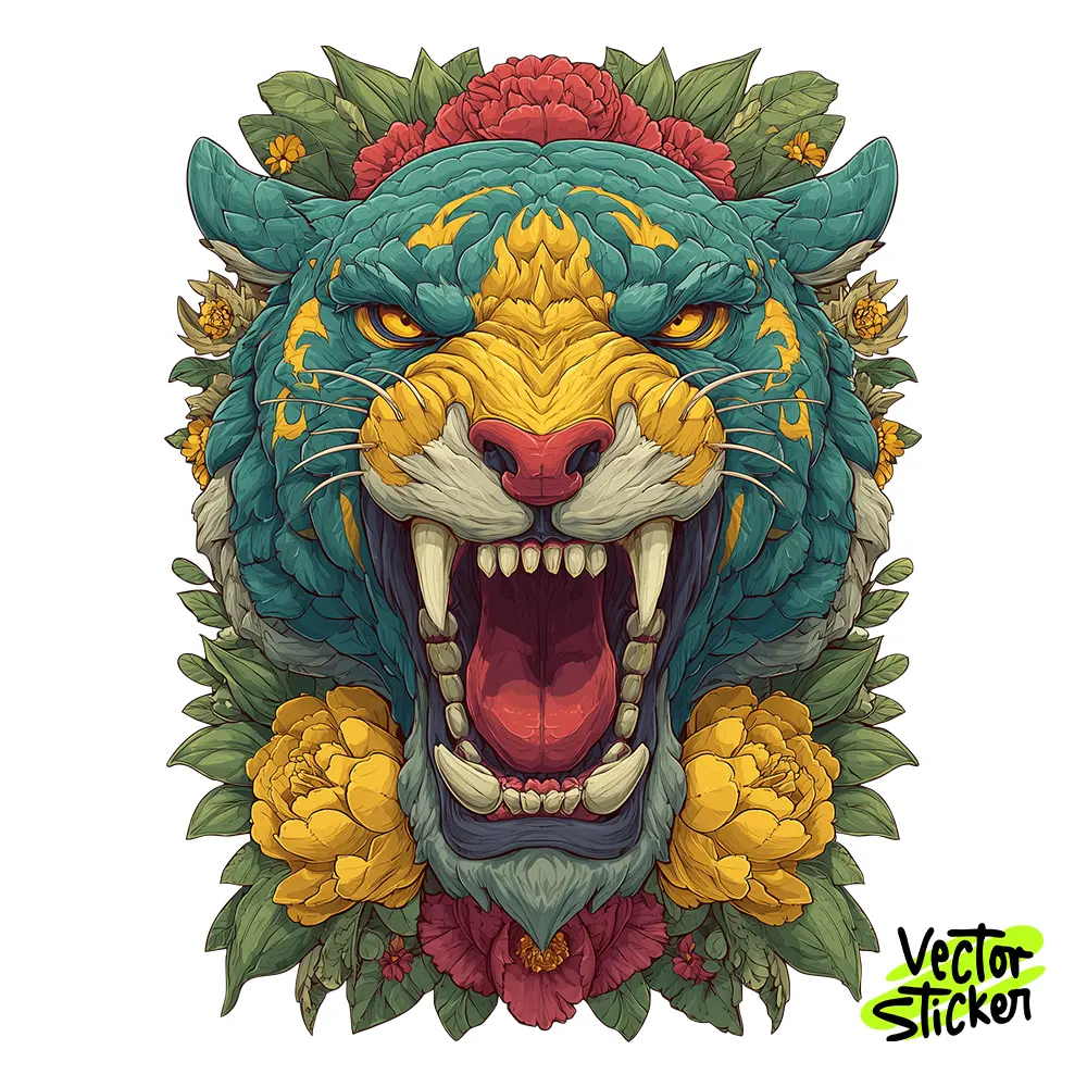 Fierce Teal Tiger Illustration – Tattoo Style | VectorSticker Free PNG Download