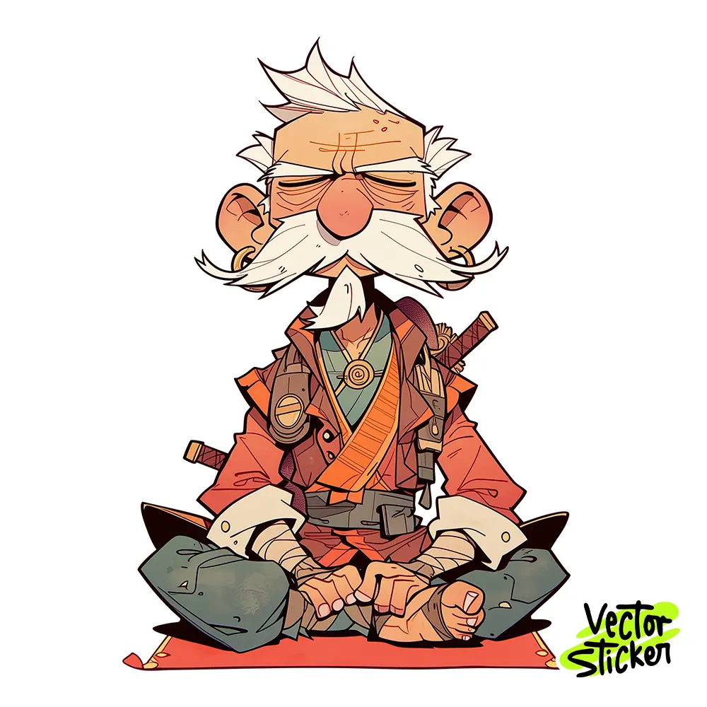 Wise Old Warrior Meditation Illustration – Cartoon Style | VectorSticker Free PNG Download