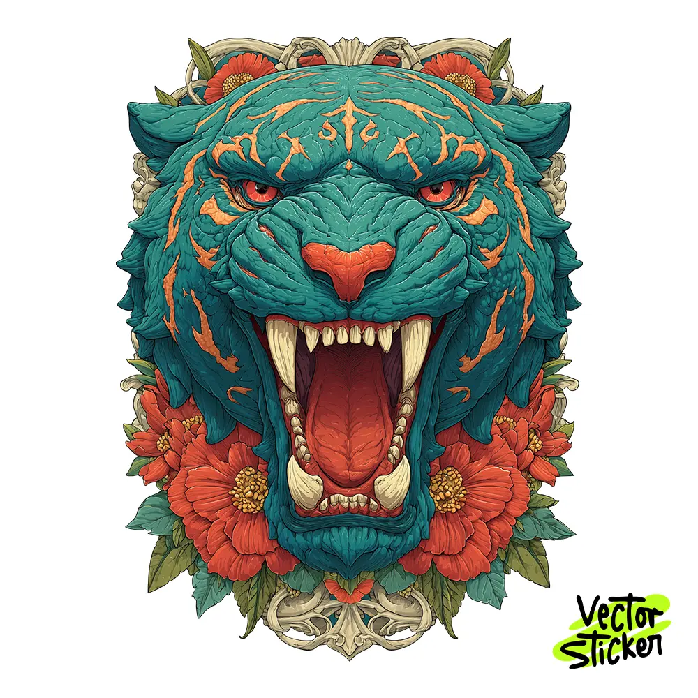 Fierce Teal Tiger Head Illustration | VectorSticker Free PNG Download