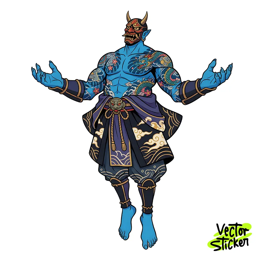 Blue Oni Samurai Illustration – Japanese Style | VectorSticker Free PNG Download