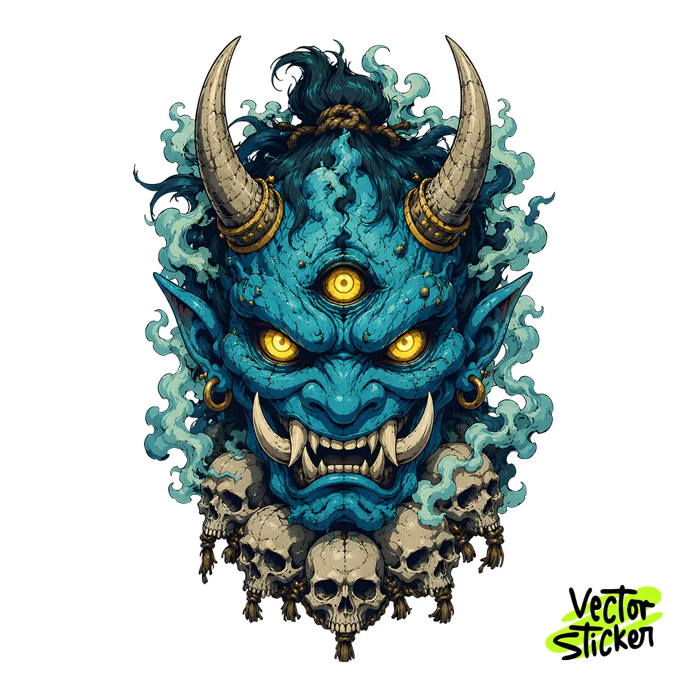Blue Oni Demon Three Eyed Skull Necklace Vector Sticker – VectorSticker Free PNG
