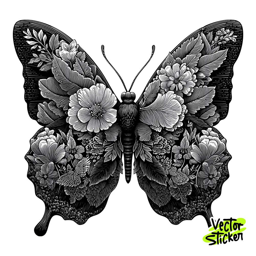 Elegant Black Butterfly Illustration – Engraving Style | VectorSticker Free PNG Download