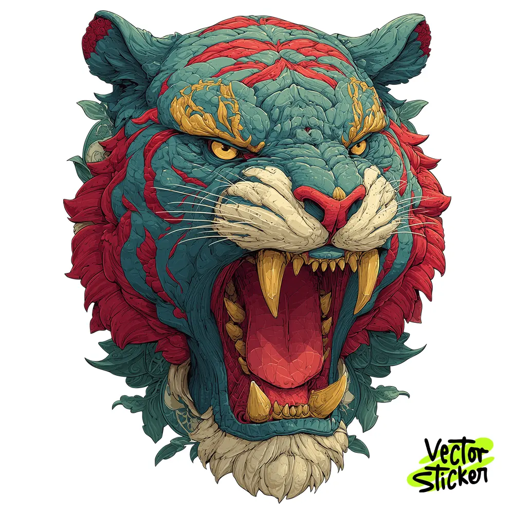 Fierce Teal Tiger Head Illustration – Tattoo Style | VectorSticker Free PNG Download