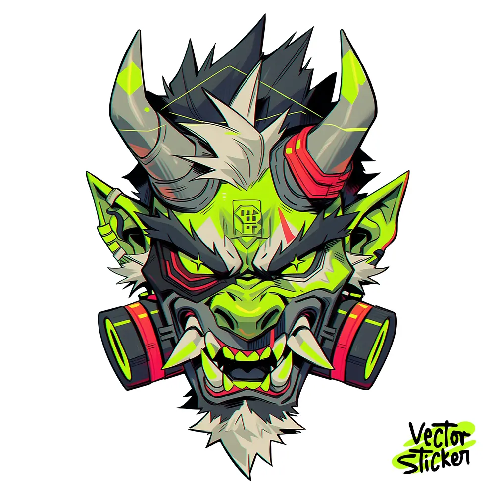 Cyberpunk Oni Mask Illustration – Anime Style | VectorSticker Free PNG Download