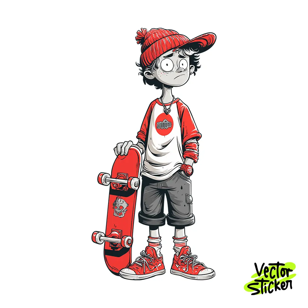 Cool Red Skater Boy Illustration – Cartoon Style | VectorSticker Free PNG Download