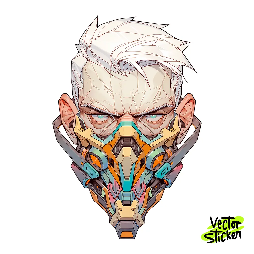 Cyberpunk White Hair Soldier Cyber Mask Vector Sticker – VectorSticker Free PNG