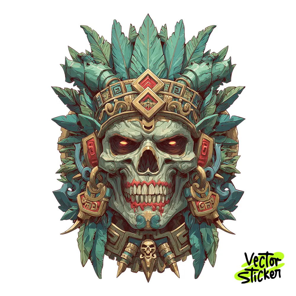 Fierce Aztec Warrior Skull Illustration – Tattoo Style | VectorSticker Free PNG Download