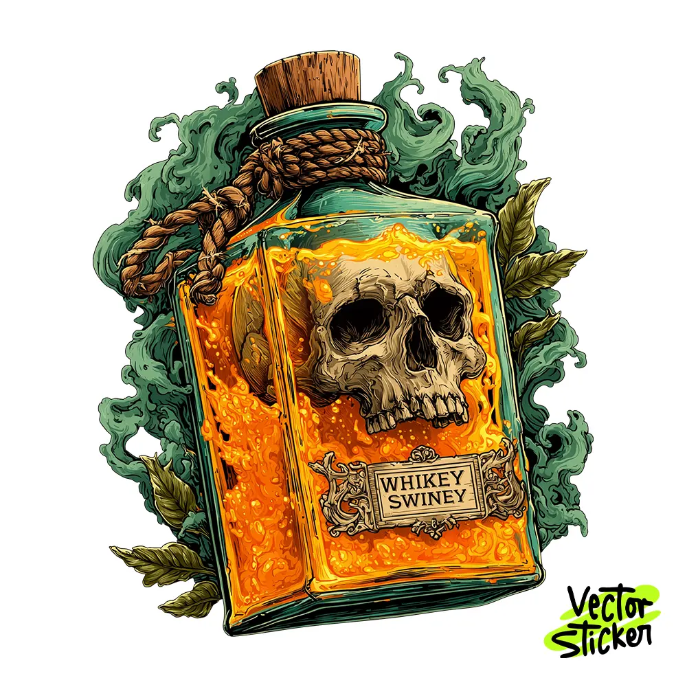 Creepy Skull Whiskey Bottle Illustration – Gothic Style | VectorSticker Free PNG Download