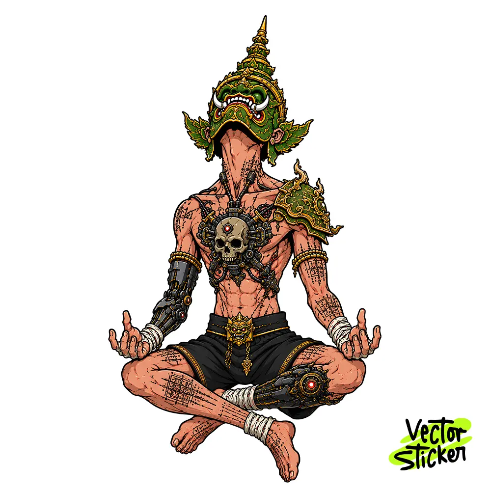 Cyberpunk Thailand Yaksha Demon Meditation Vector Sticker – VectorSticker Free PNG