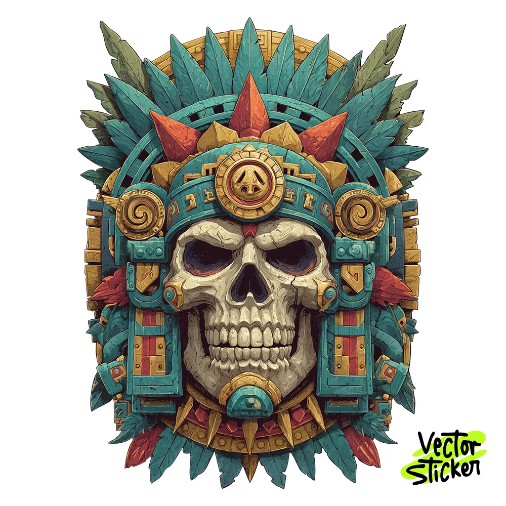 Ancient Aztec Warrior Skull Illustration – Tattoo Style | VectorSticker Free PNG Download