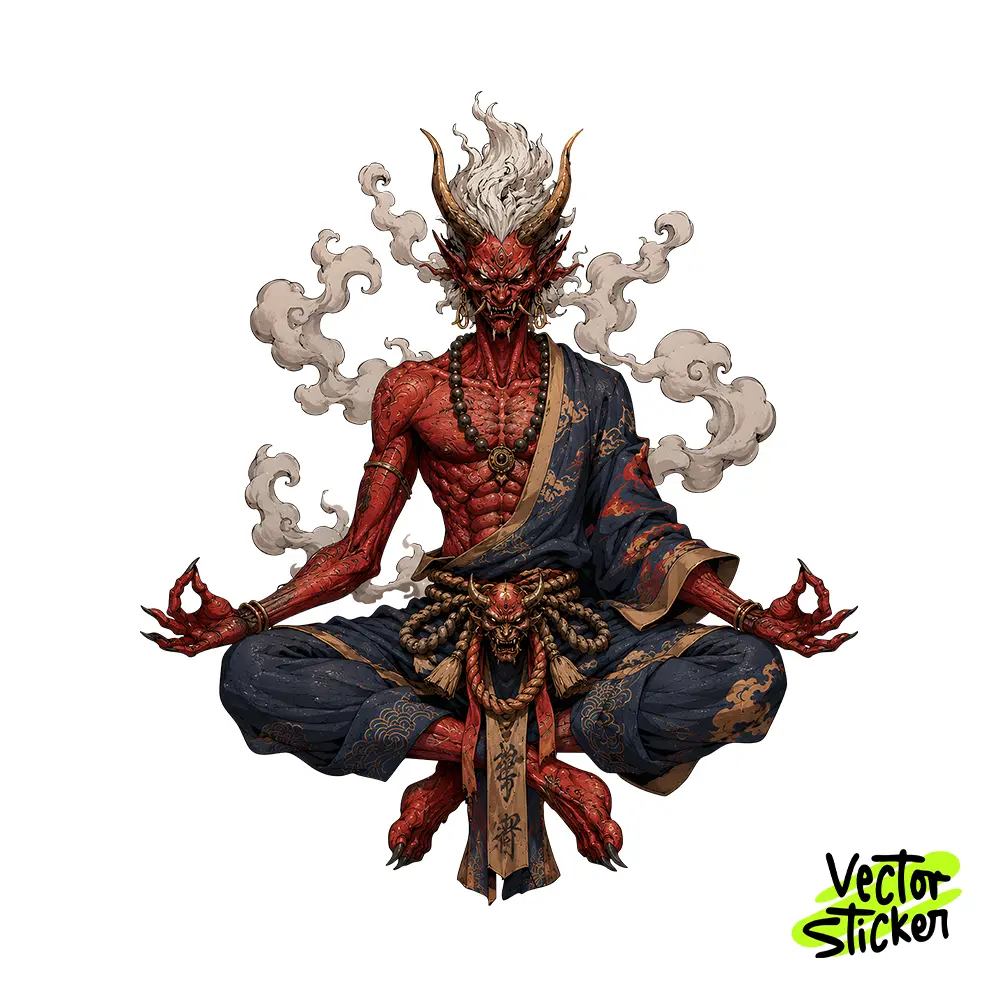 Meditating Red Oni Demon Illustration – Japanese Style | VectorSticker Free PNG Download