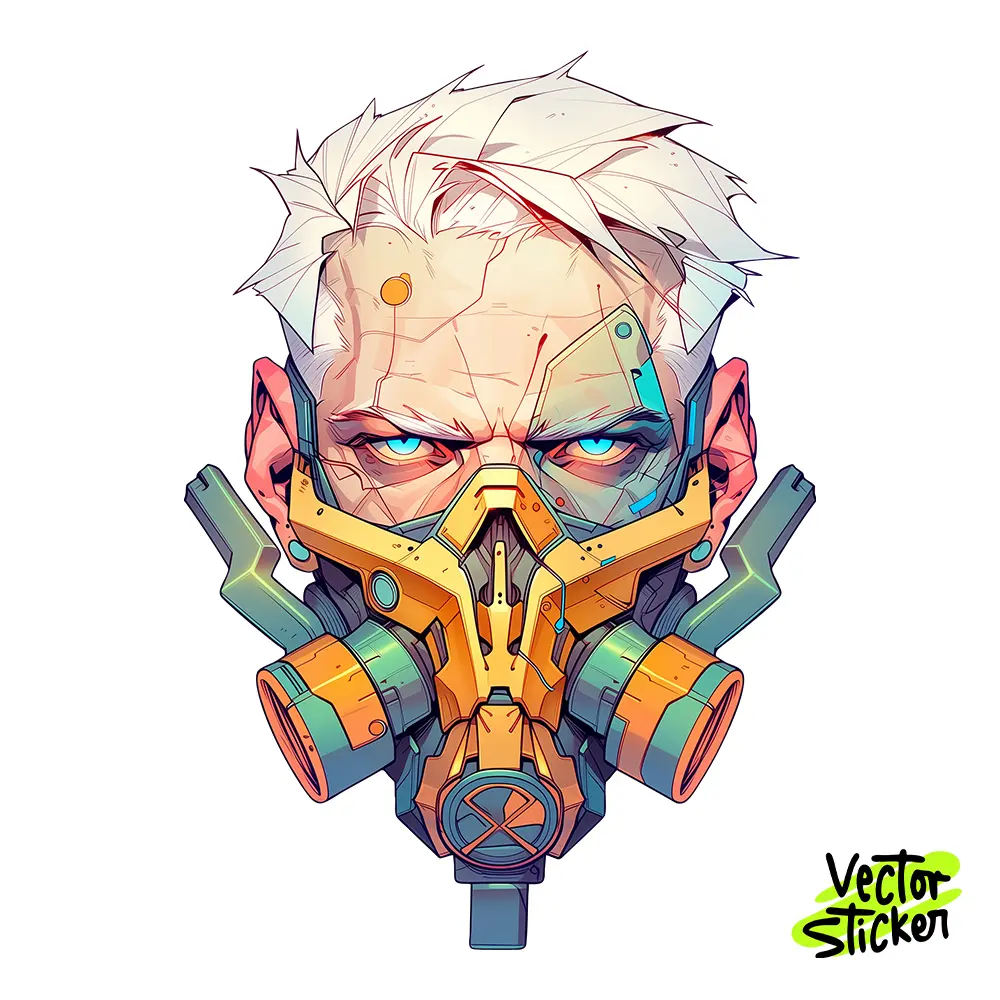 Cyberpunk White Hair Cyborg Gas Mask Vector Sticker – VectorSticker Free PNG