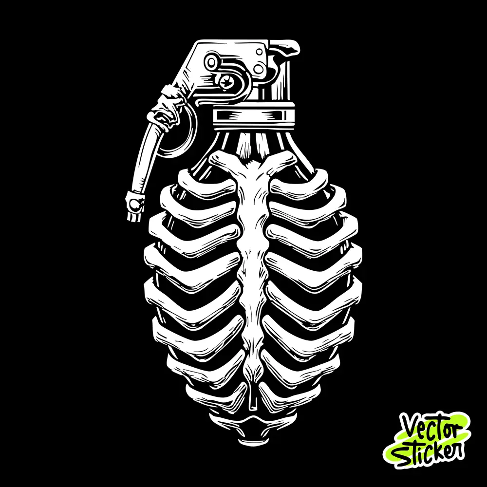 Spooky Black and White Grenade Ribcage Illustration – Gothic Style | VectorSticker Free PNG Download