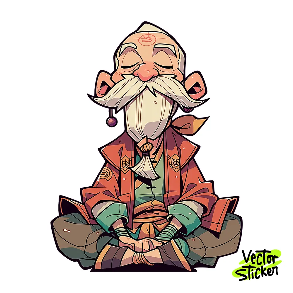 Wise Old Monk Meditating Illustration – Cartoon Style | VectorSticker Free PNG Download