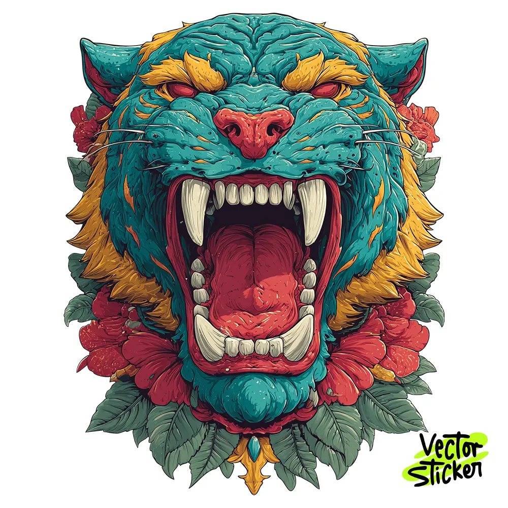 Teal Tiger Head Illustration – Tattoo Style | VectorSticker Free PNG Download