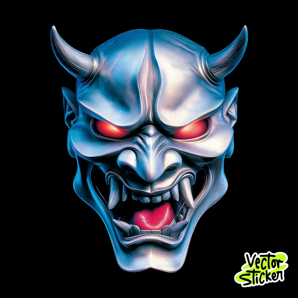 Metallic Chrome Oni Mask Illustration – Cyberpunk Style | VectorSticker Free PNG Download