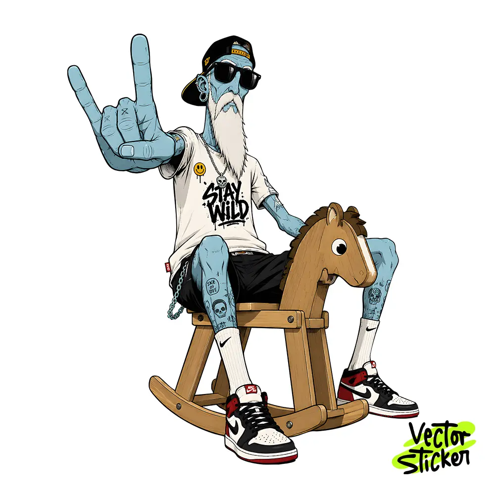 Cool Skater Old Man Stay Wild Rocking Horse Vector Sticker – VectorSticker Free PNG