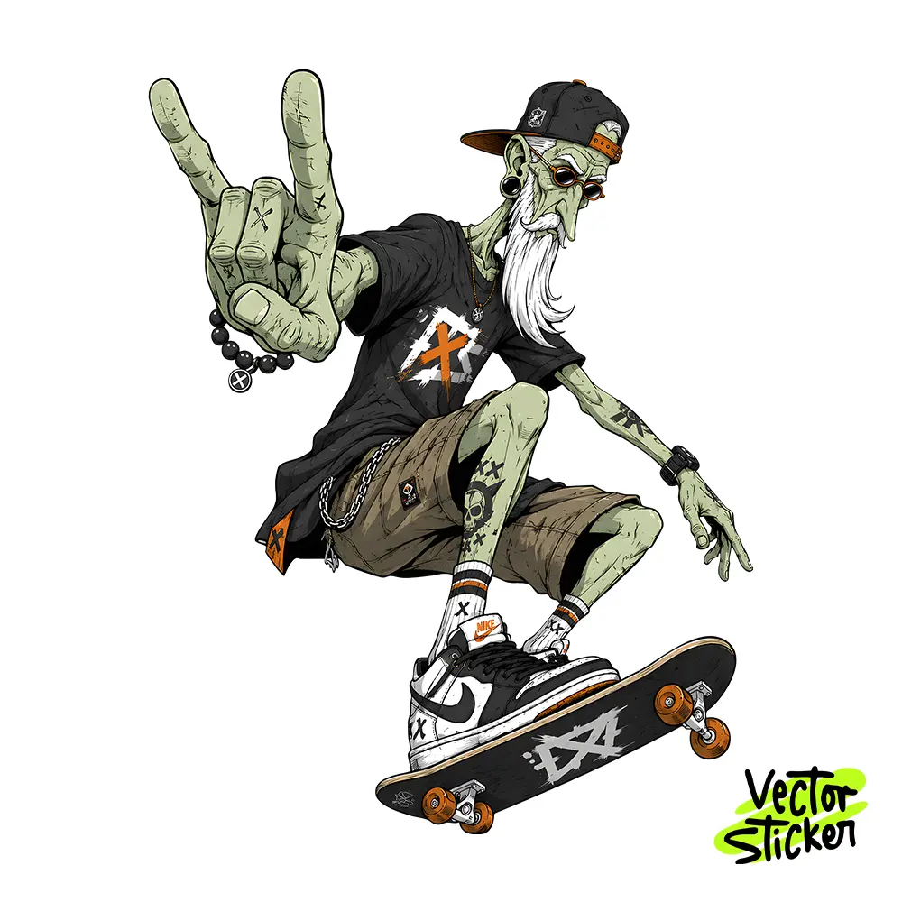 Cool Skater Old Man Rock Hand Vector Sticker – VectorSticker Free PNG
