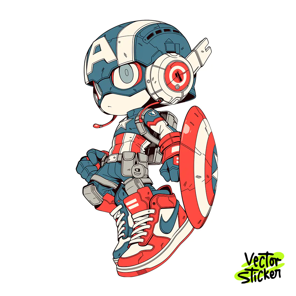 Chibi Futuristic Captain America Sticker Design – Techwear Vibe | VectorSticker Free PNG Download