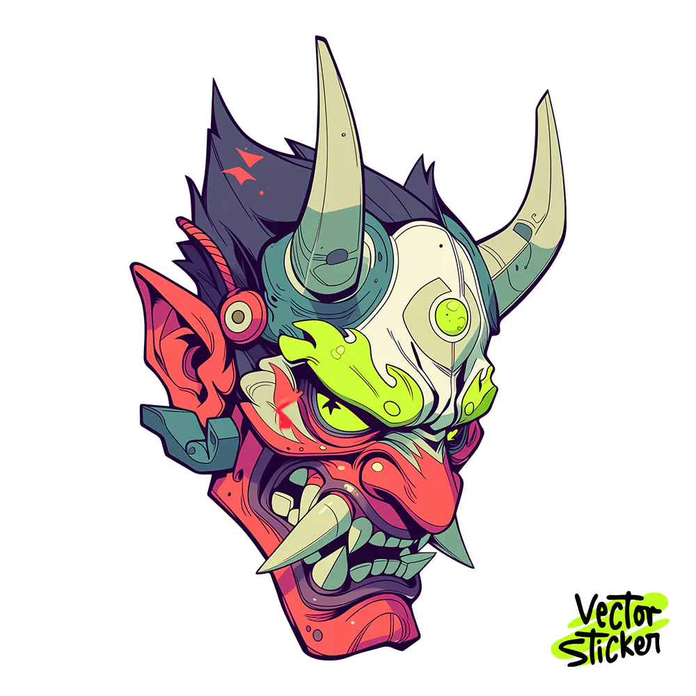 Cyberpunk Oni Mask Sticker Design – Cyberpunk Aesthetic | VectorSticker Free PNG Download