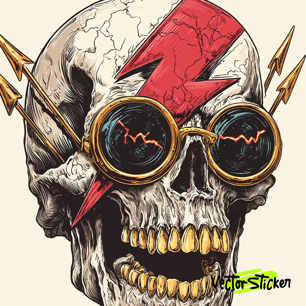 Artistic Watercolor Skull Sticker – Glasses, Arrows & Thunder