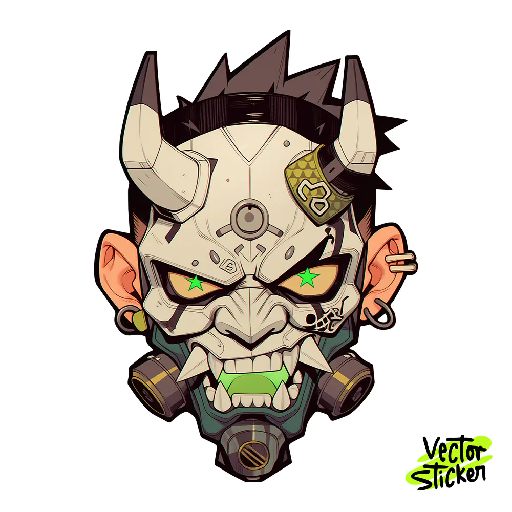 Cyberpunk Oni Mask Sticker Design – Techwear Vibe | VectorSticker Free PNG Download