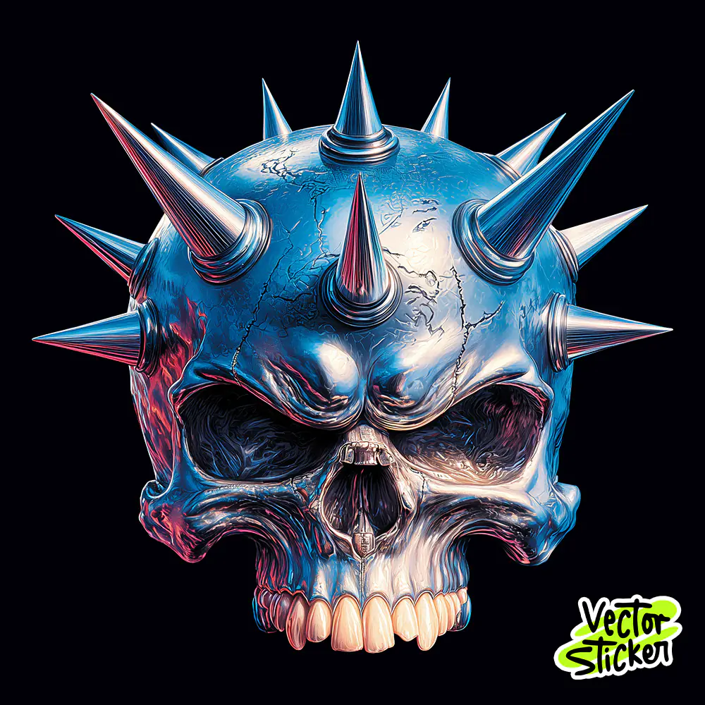 Spiked Skull Tshirt Design – Cyberpunk Metallic Grunge Style | VectorSticker Free PNG Download