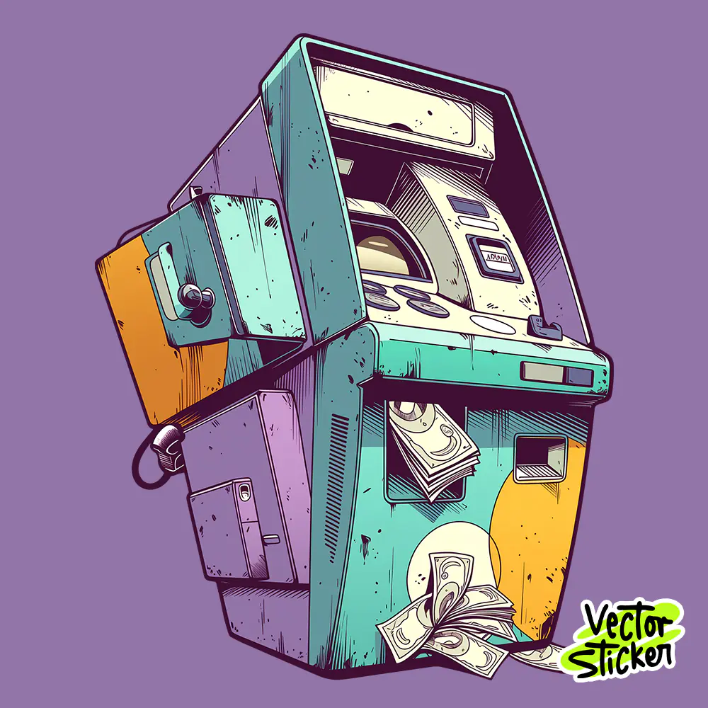 Purple ATM Cash Machine Sticker Design – Cyberpunk Aesthetic | VectorSticker Free PNG Download