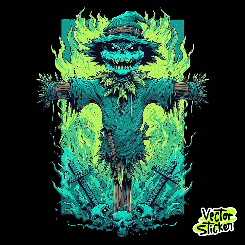 Evil Scarecrow Sticker – Neon Flaming Halloween Sticker Design