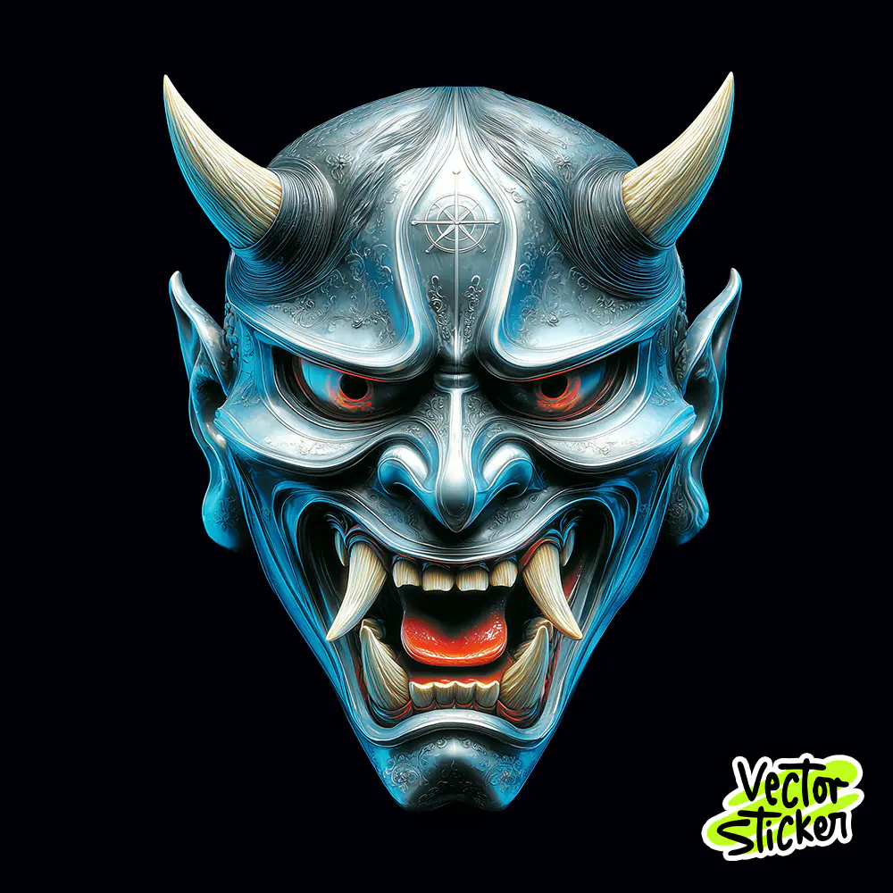 Japanese Oni Mask Tshirt Design – Dark Fantasy Metallic Armor | VectorSticker Free PNG Download