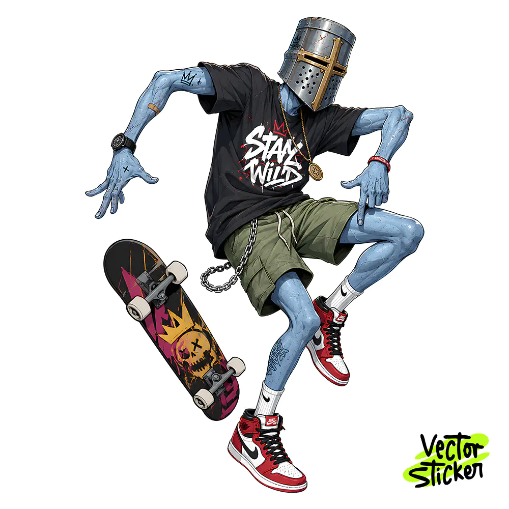 Skateboarding Knight Alien Tshirt Design – Streetwear Vibe | VectorSticker Free PNG Download