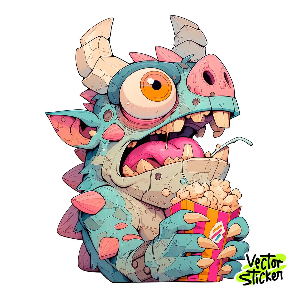 Popcorn Eating Monster Sticker Design – Cartoon Vibe | VectorSticker Free PNG Download