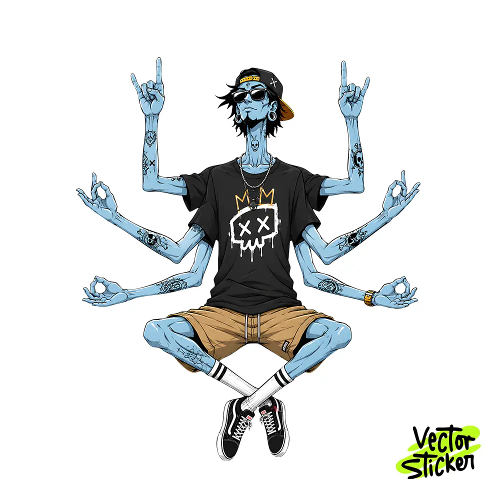 Cool Blue Multi-Armed Yogi Illustration – Streetwear Style | VectorSticker Free PNG