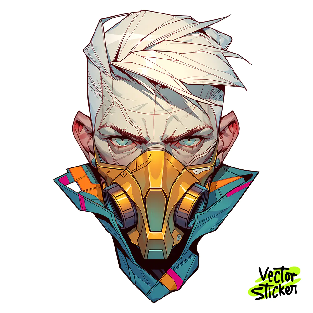 Cyber White Hair Man Sticker Design – Techwear Vibe | VectorSticker Free PNG Download