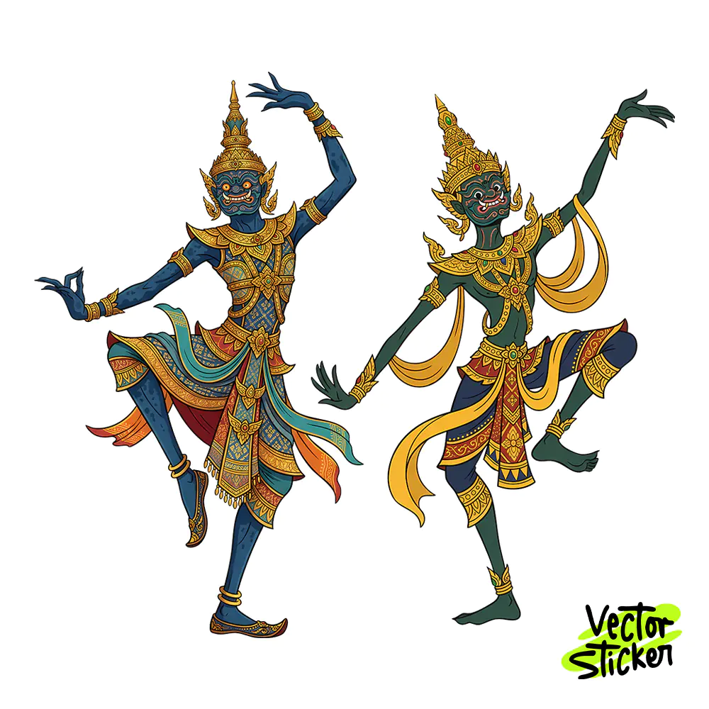 Traditional Belu Dance Sticker Design – Burmese Folklore Style | VectorSticker Free PNG Download