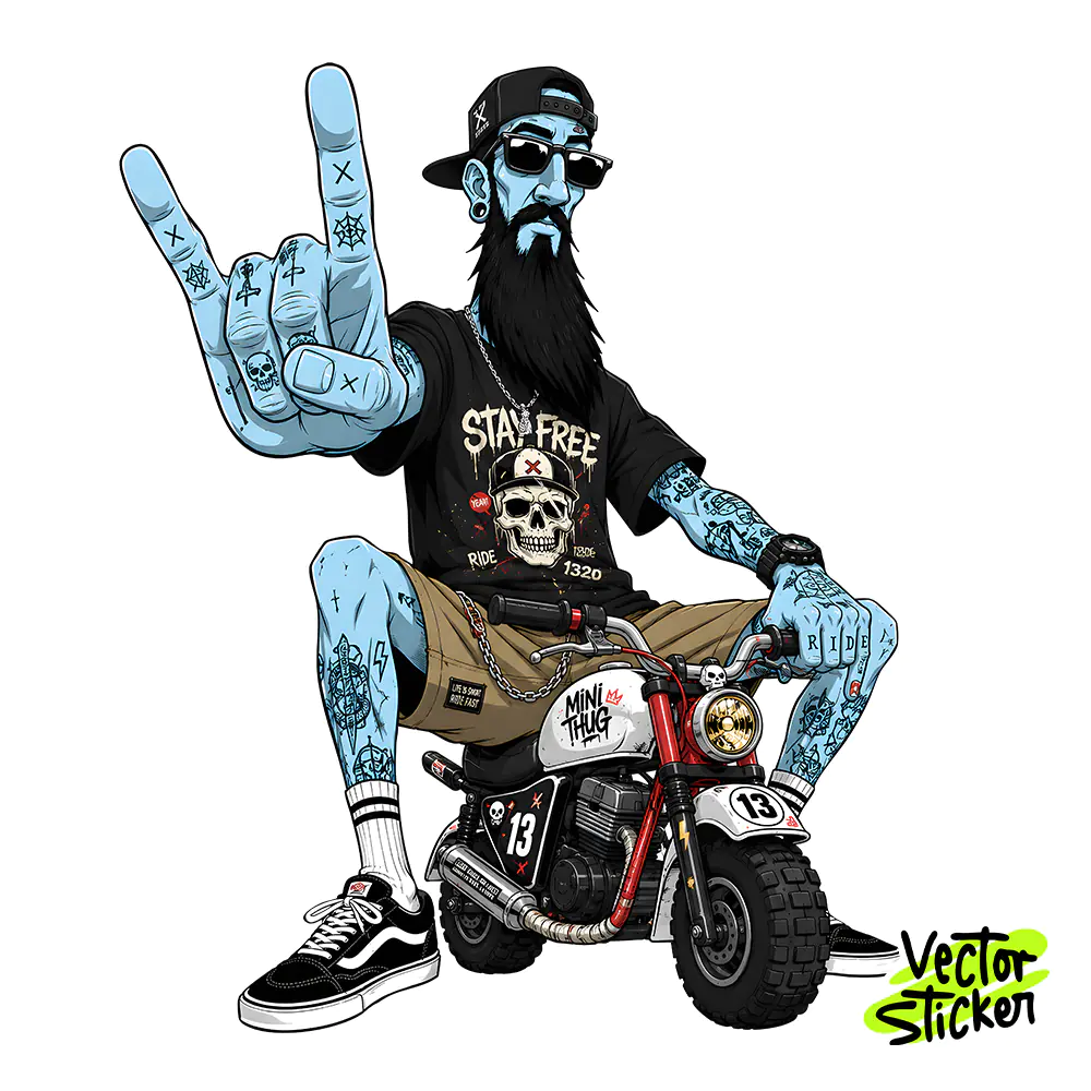 Tattooed Biker Alien Sticker Design – Streetwear Vibe | VectorSticker Free PNG Download