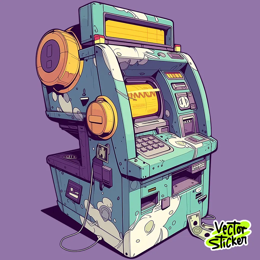 Purple ATM Cash Machine Sticker Illustration – Cyberpunk Aesthetic | VectorSticker Free PNG Download