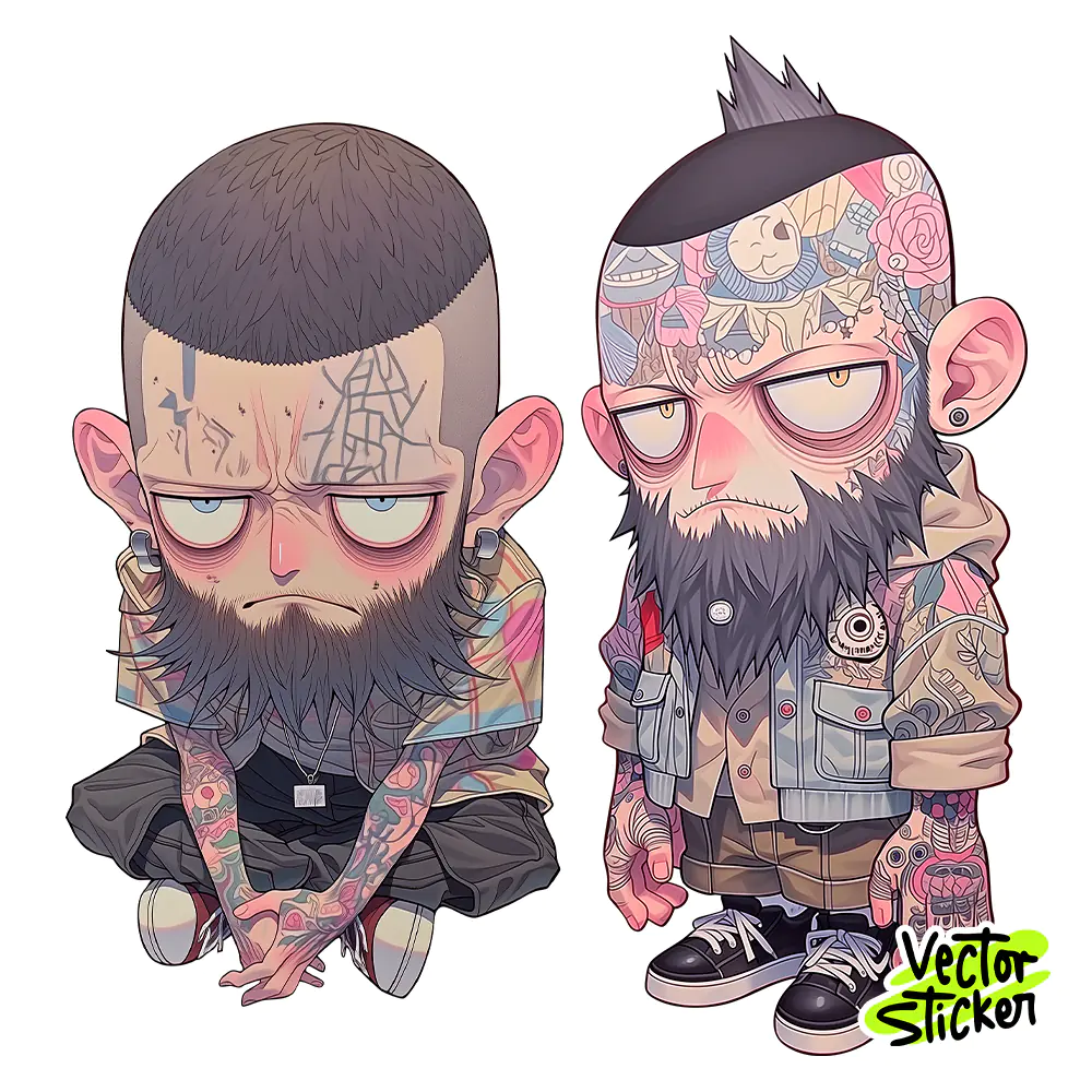 Bearded Men Tattoos Sticker Design – Grunge Biker Aesthetic | VectorSticker Free PNG Download