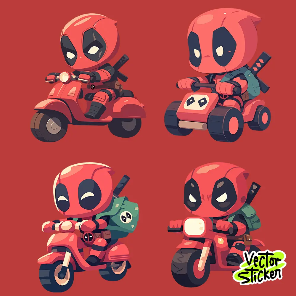 Cute Chibi Deadpool Riding a Bike – Cute Marvel Sticker Pack