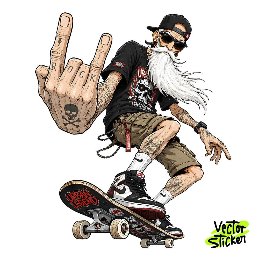 Skater Old Man Sticker Design – Streetwear Vibe | VectorSticker Free PNG Download
