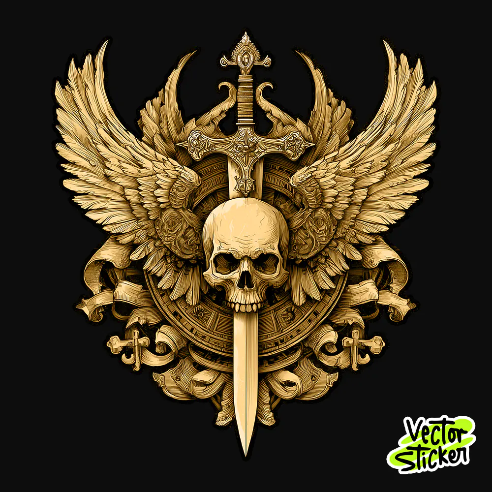 Gothic Skull Tshirt Design – Dark Fantasy Golden Wings | VectorSticker Free PNG Download