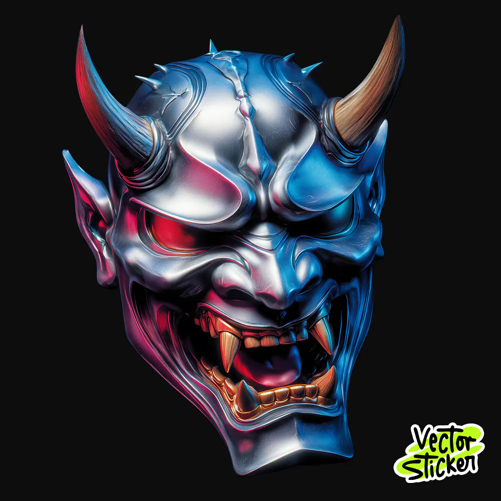 Chrome Japanese Oni Mask Tshirt Design – Dark Fantasy Vibe | VectorSticker Free PNG Download