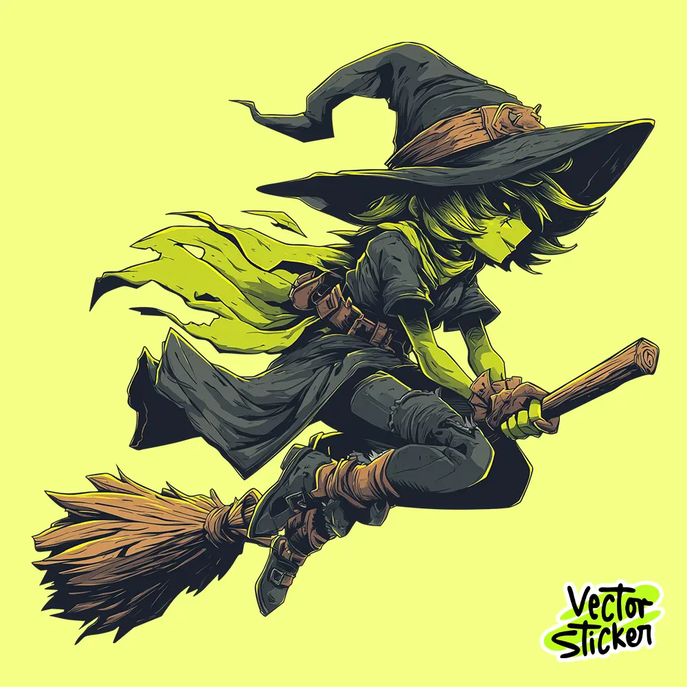 Flying Witch Sticker – Modern Halloween Cartoon Sticker Design