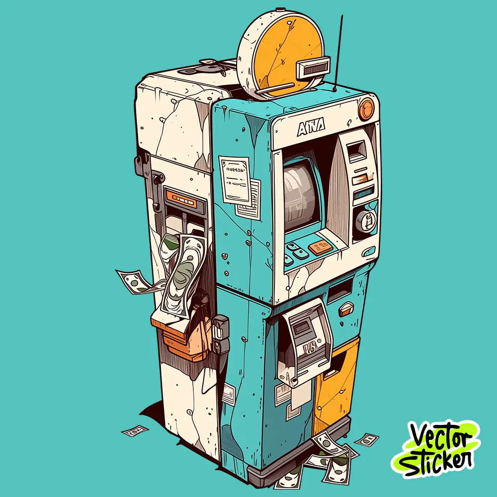 Retro Cash Machine ATM Sticker Design – Distressed Vibe | VectorSticker Free PNG Download