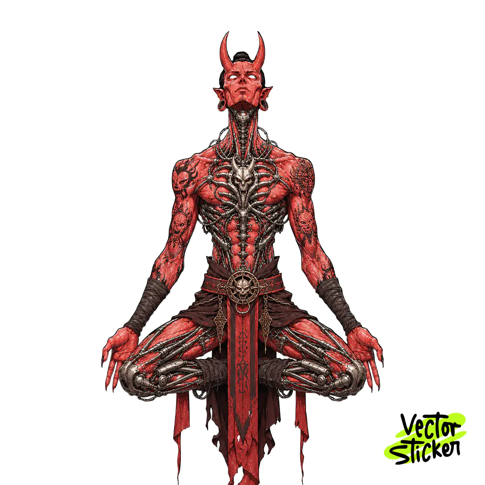 Cyberpunk Meditating Demon Tshirt Design – Dark Fantasy Vibe | VectorSticker Free PNG Download