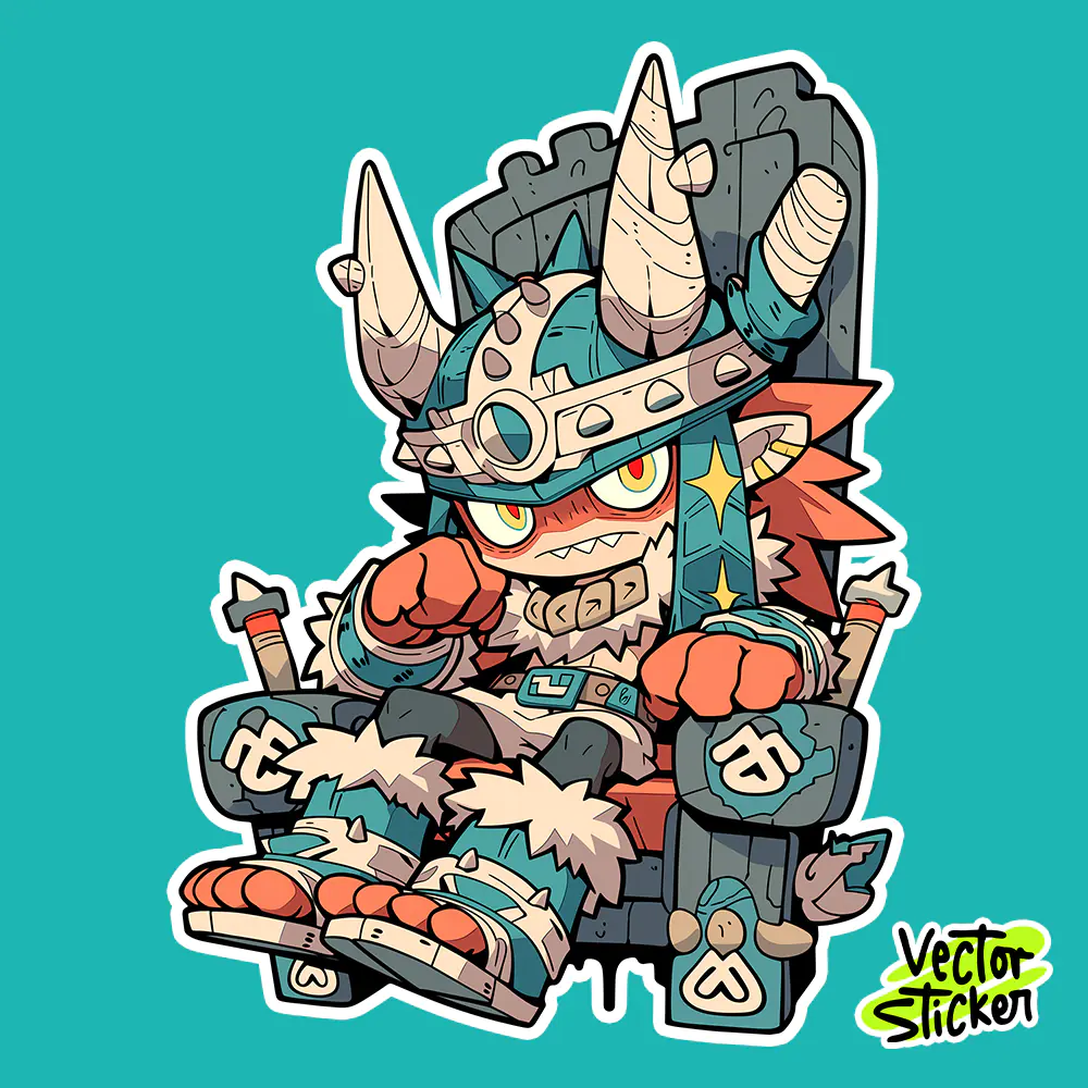 Viking King Sticker Design – Cute Horned Chibi Chief on Throne | VectorSticker Free PNG Download