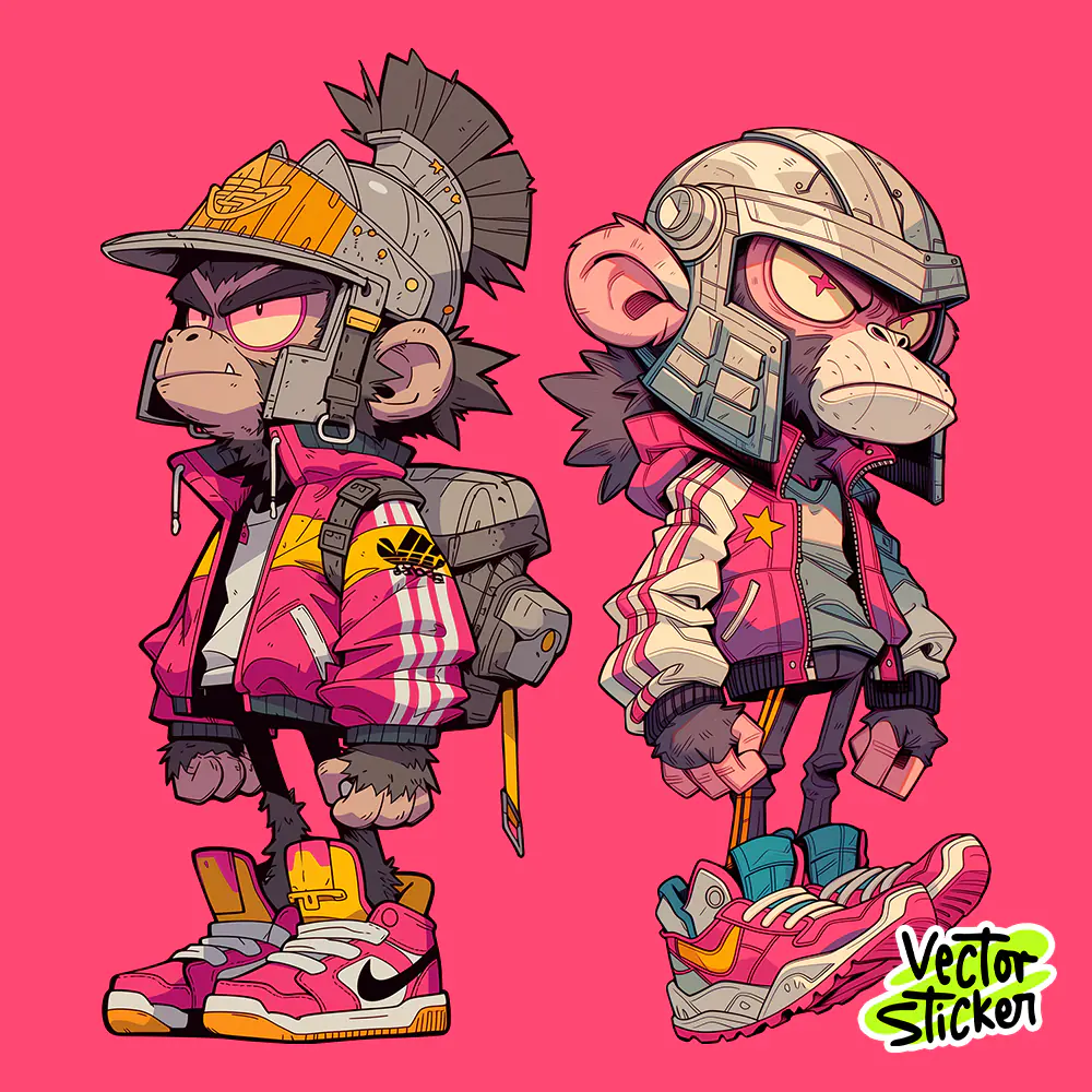 Monkey Warriors Sticker Design – Cyberpunk Chimp Duo Illustration | VectorSticker Free PNG Download